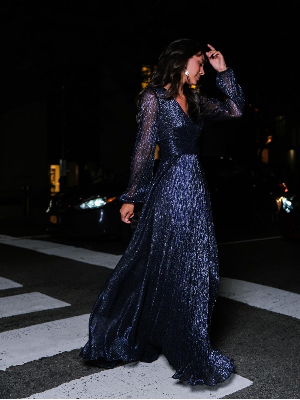 Elegant Navy Shimmer Long Sleeve Evening Gown